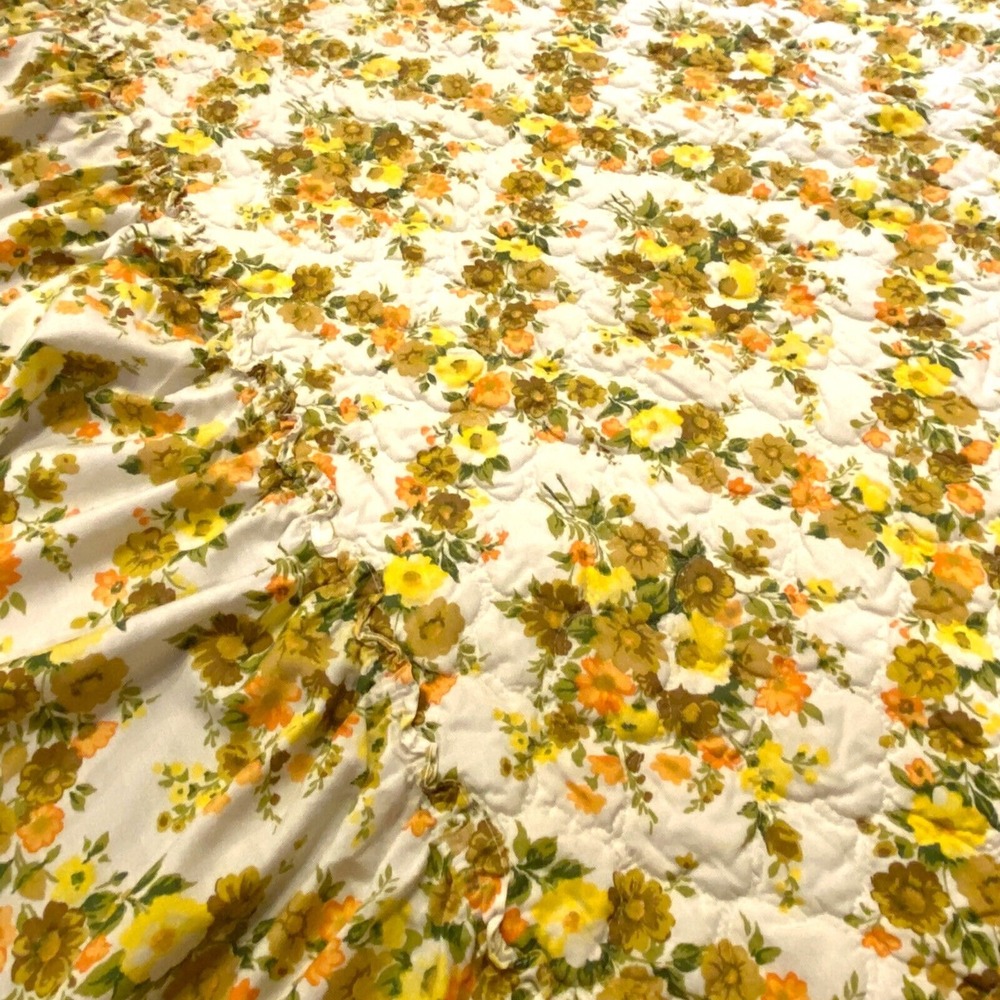 VTG 70s Floral Twin Bedspread Yellow Orange Quilted Ruffle Cottage Granny Chic